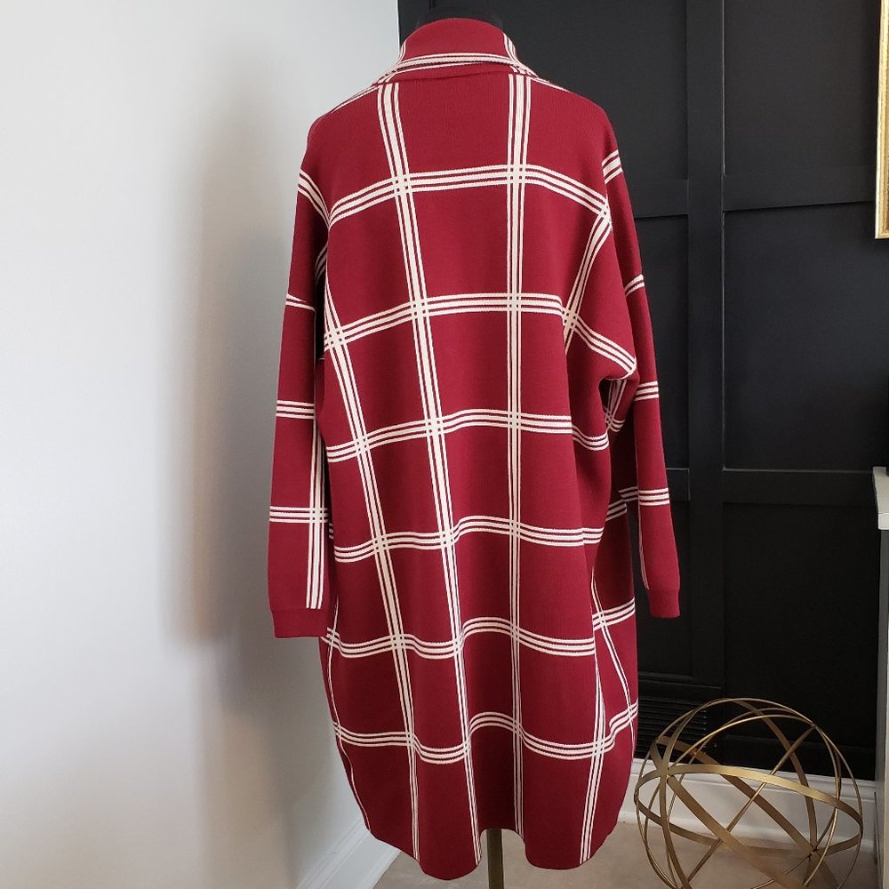 EUC Modcloth Women's Red Plaid Long Heavy Open Front Cardigan Pockets Sweater 1X - Picture 3 of 9